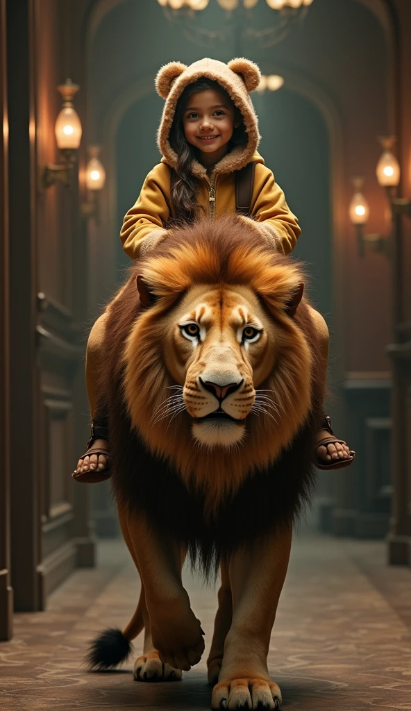 a baby with a happy face dressed as a lion is riding a real lion on the catwalk model, ultra realistic