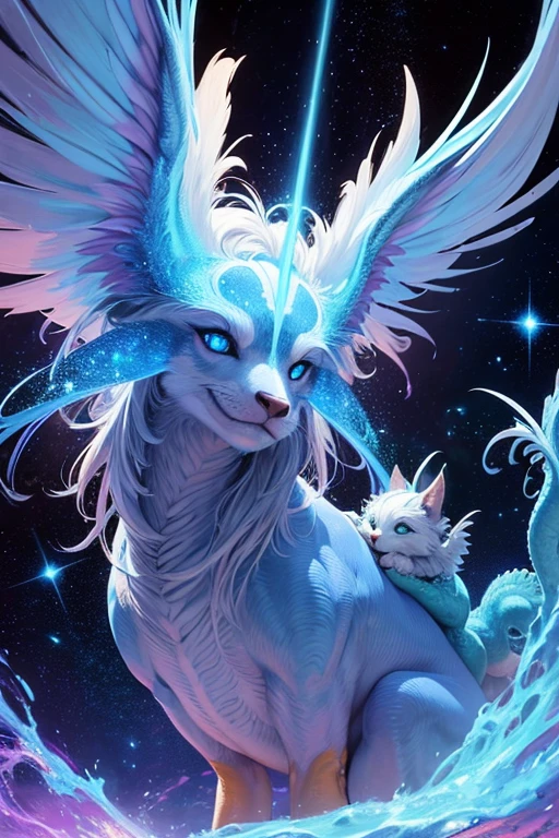 Oil painting depicting a furry, feathered extraterrestrial with the bodily contours of a dragon and the endearing face of a puppy, large blue eyes peering out, a long tail swaying, amidst a cosmic astral nebula crafting an atomic ambiance, surreal masterpiece, vivid colors, ultra fine.