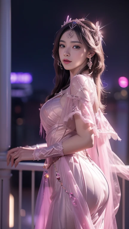 8K, UHD, MAsterpiece, best quality, 1 girl, ((realistic face)), happy pace, very long hair, small breasts, decorated dress, very beautiful ornaments dress, pink color, ((lace)), mesh dress, mesh cape flowing, sardine, loops, ((ornaments)), legendary night balcony, depth of field, cinematic lighting, chromatic aberration, motion blur, glowing light, god rays, ray tracing, ((reflection light)), backlighting, bloom, chromatic aberration abuse, multiple monochrome, attractive pose,