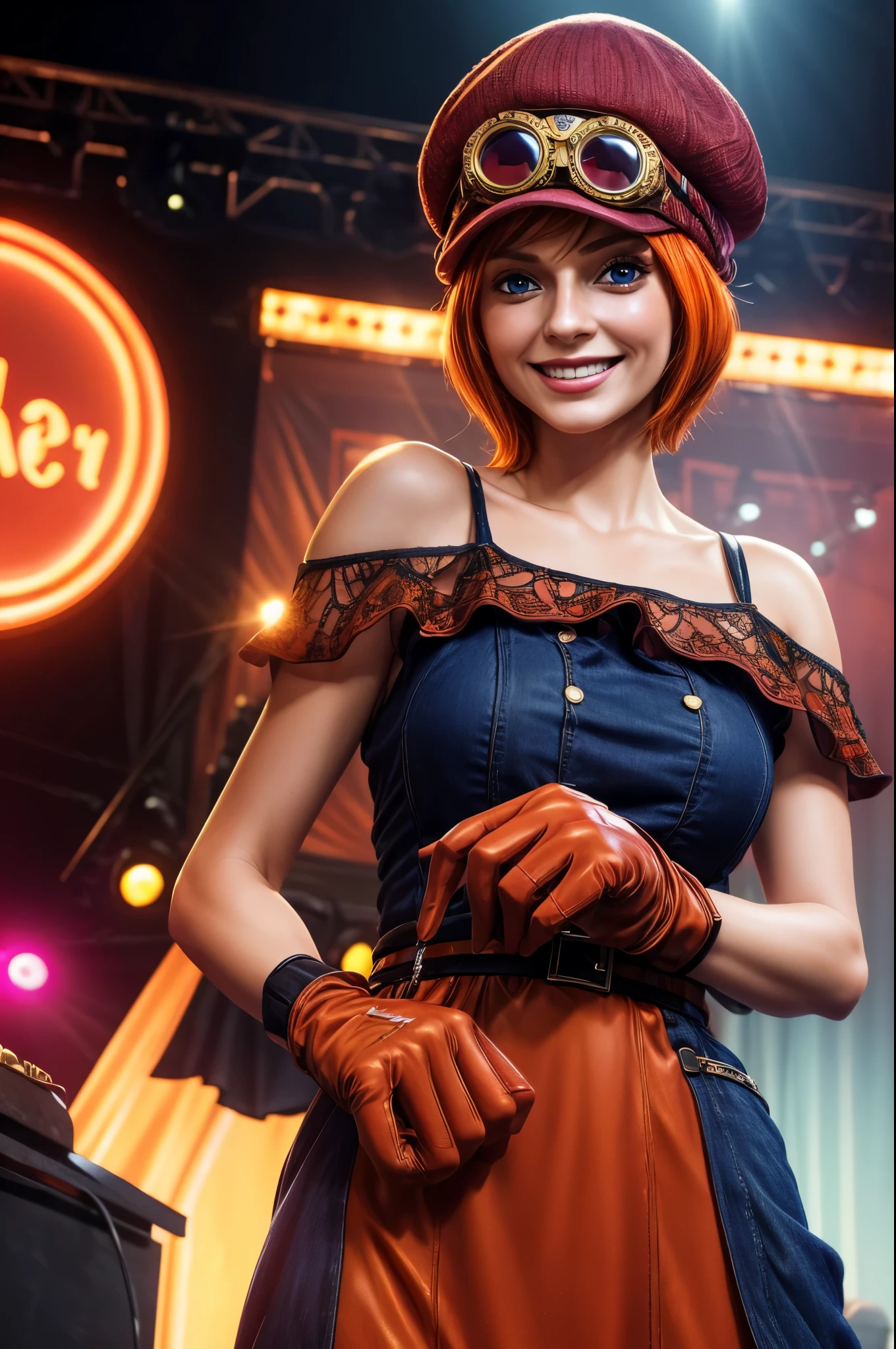 masterpiece, best quality, extremely detailed, hyperrealistic:1.1, photorealistic, a beautiful 20s european model, ultra detailed face:1.1, dark red cabbie hat, goggles on hat, orange hair, short hair, blue eyes, smile, gloves, pink dress:1.1, smiling, on live stage, stage lighting, standing