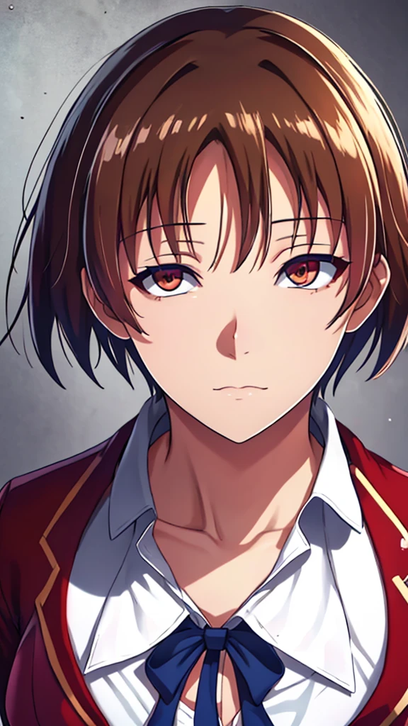 hight resolution, ultra-detailed,Slender eyes,solo,One lady,One tall woman,((spiked hair)),((parted bangs)),Long,brown haired,brown-eyed,huge tit,Uniform with red blazer and blue ribbon,white skirt,