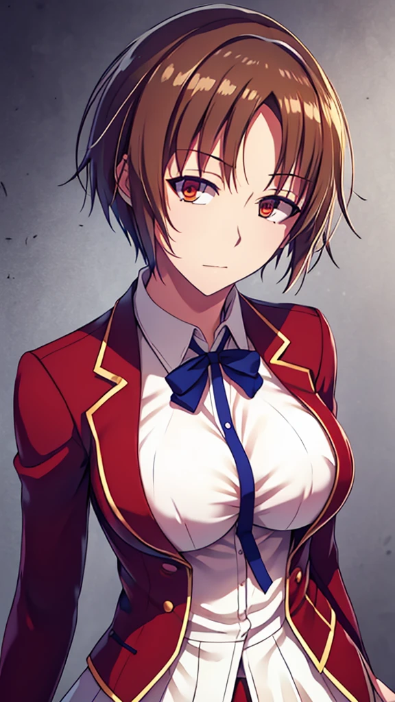 hight resolution, ultra-detailed,Slender eyes,solo,One lady,One tall woman,((spiked hair)),((parted bangs)),Long,brown haired,brown-eyed,huge tit,Uniform with red blazer and blue ribbon,white skirt,