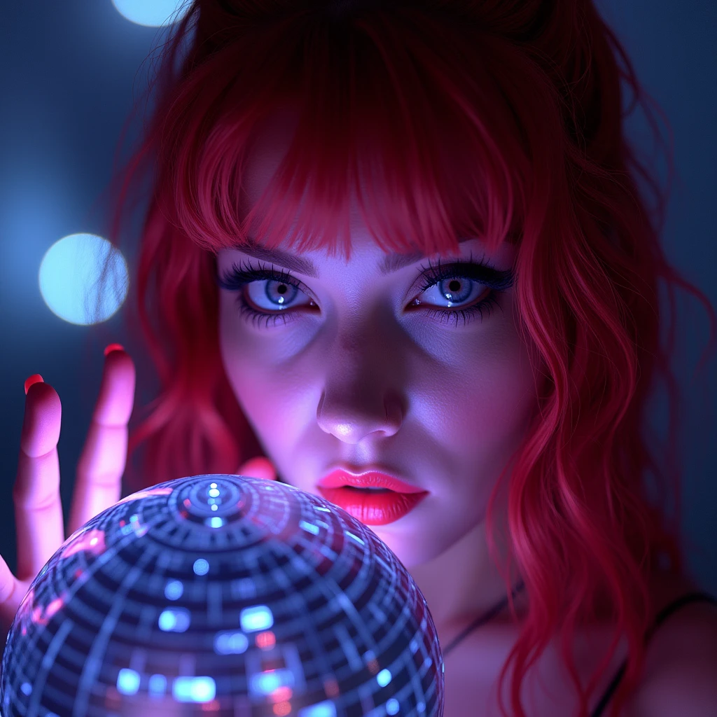  Portrait of a red-haired woman holding a mirror ball in a futuristic setting .  The lighting is predominantly in shades of purple and blue ,  creating a dramatic and intense effect on her face .  She has a fixed and penetrating gaze ,  with detailed eye makeup and a glow that highlights her skin . The scene has a disco atmosphere ,  with reflections from the mirror ball and light effects that create a captivating and mysterious look.