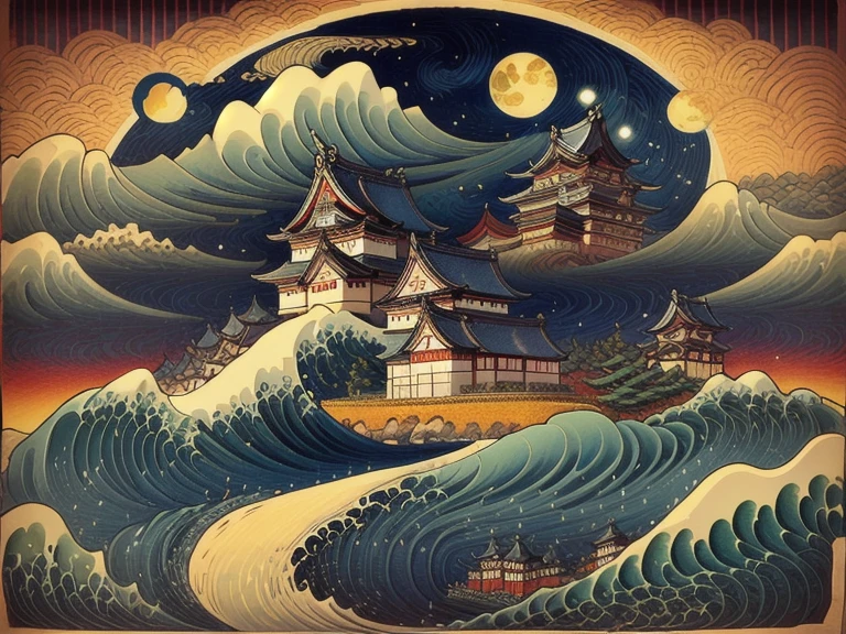 Ukiyo-e style，Japanese scenery， Japanese Castle，Katsushika Hokusai