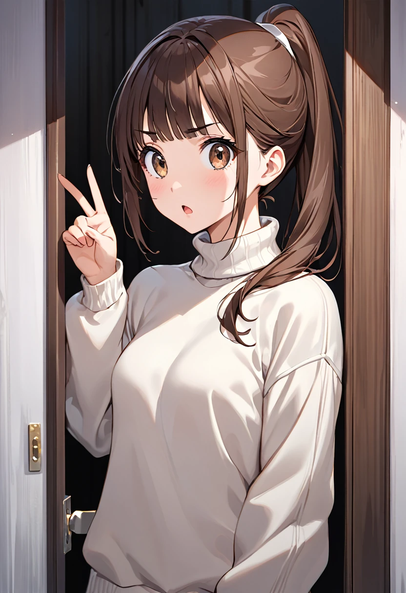 until, high quality ,  Excellent resolution , Girl alone, s, half body,  beautiful face,  well-defined features ,  innocent and surprised look that raises eyebrows , , brown eyes, girl appearance,  dark brown hair,  bangs sideways with rectangular pins ,  she wears a ponytail that comes out of the left side of her head ,  is standing opening the door of her house to receive someone ,  she looks surprised with her eyebrows raised as she puts her index fingers together,  she wears a white oyster turtleneck sweatshirt , Background of the dark house 