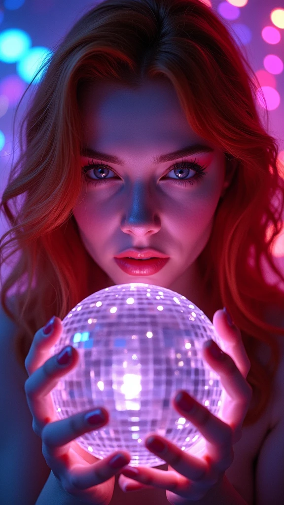  Portrait of a red-haired woman holding a mirror ball in a futuristic setting .  The lighting is predominantly in shades of purple and blue ,  creating a dramatic and intense effect on her face .  She has a fixed and penetrating gaze ,  with detailed eye makeup and a glow that highlights her skin . The scene has a disco atmosphere ,  with reflections from the mirror ball and light effects that create a captivating and mysterious look.