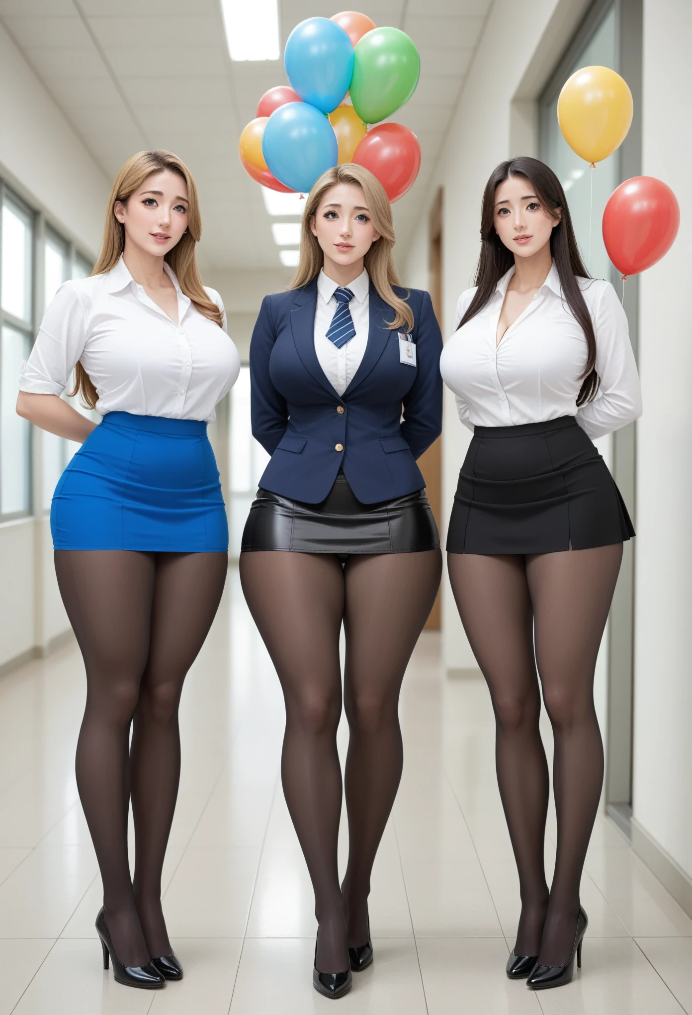 great quality, 16k, Hi-Res, (Composition away from the subject), ( Full body photo from face to ankle ), ( perfect anatomy:1.4), 3 Super Cute Japanese Women 18 Years Old , Beautiful Secretaries Loyal to Their Husbands Who Love Black Pantyhose, Beautiful Secretaries Going to Show Their Black Pantyhose Legs , Beautiful secretary wears a tight mini skirt OL suit , (The three women standing side by side in the office are wearing the same uniform:1.2), ( full body shot of 3 women wearing dark blue jackets, dark blue tight , and black pantyhose), (Shot in a brightly lit hallway ), (Black pantyhose ), Thick Soled High Heel Pumps , (Stand with legs shoulder-width apart ), Simple Japanese High School Girl Uniform , , ( Muscular Legs Wearing Black Pantyhose :1.4), (Very wide thighs:1.6), (Extremely wide balloons:1.4), (Very long legs:1.2), (The tight, short miniskirt is matte black), (Plump legs), ( They Always Wear Black Pantyhose .), thin waist, ( Mini Skirt Very Short :1.6), (Wide thighs and long legs :1.6), (Thick Soled High Heel Pumps を着用), (8k), (Best Quality: 1.2), very detailed, Golden Ratio, (Big Tits), huge breasts, cleavage, Gravure model body type , (Super cute face), Blonde, Full body shot of 3 women wearing long hair , Looking down here, Stand side by side in the office, perfect face, Perfect Legs, Perfect Arms, Perfect hands, ( The thighs of black pantyhose are not elastic , the thickness of the black pantyhose is uniform,There is no reinforcement for black pantyhose ), The names of the beautiful secretaries are Marina, Luca, and Aoi