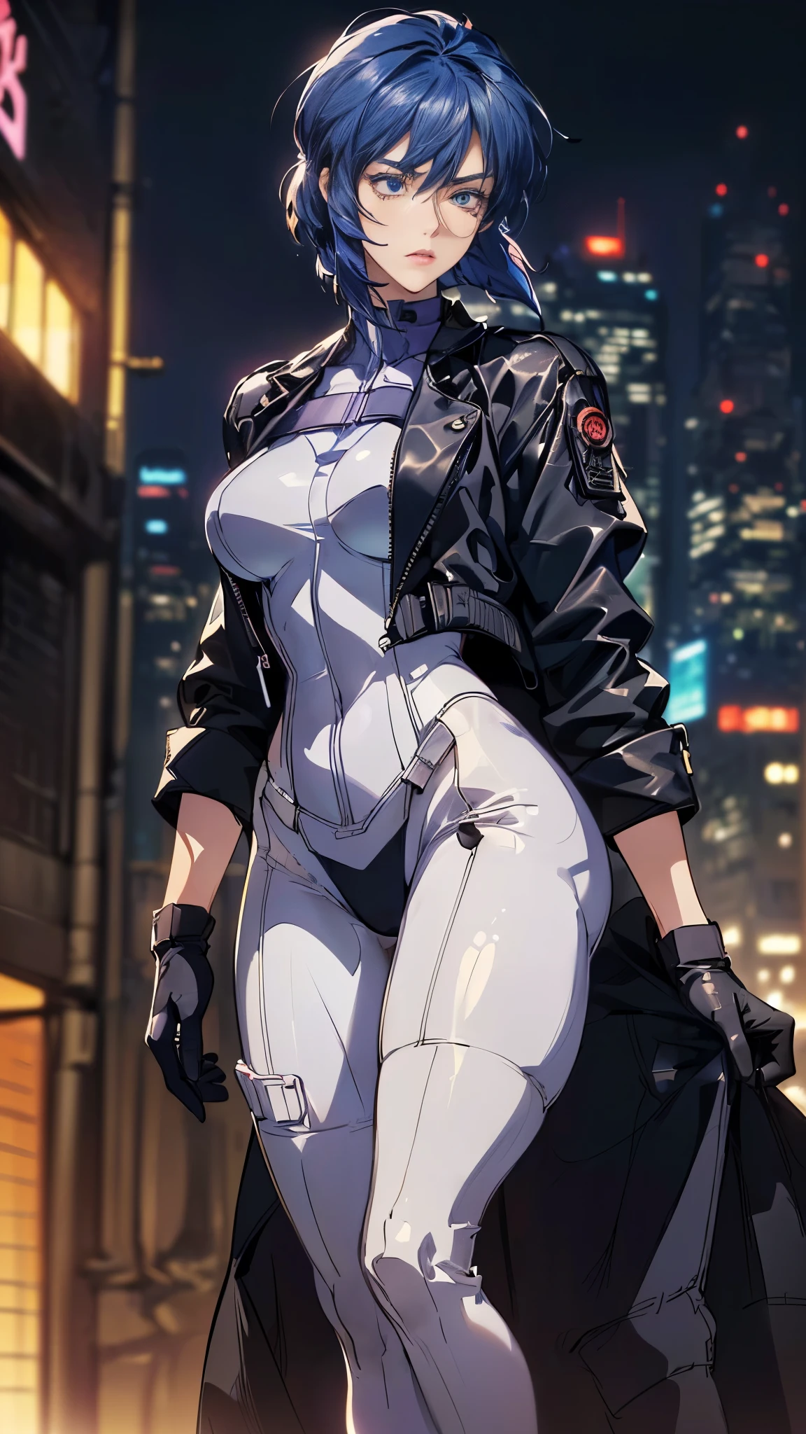 (A woman),(Motoko Kusanagi:1.5),(((Special forces women standing:1.5))),((White Tactical High Leg Bodysuit:1.5)),((Black jacket:1.5)),(Black Gloves:1.5),(serious:1.5),(short hair:1.5),(((Blue Hair:1.5))),(beautiful eyes:1.3),(Very detailedな顔:1.5),((Very detailed drawing of a woman's hand:1.5)),((Muscular:1.5)),(Sexy appearance:1.5),((Thick thighs:1.5)),(Beautiful Body:1.5),((Very sensual:1.5)),(Skyscrapers background at night:1.5),(cyberpunk atmosphere:1.5),(((Blurred Background:1.5))),(Written border depth:1.5),rest(((masterpiece:1.5),(best quality:1.5),(Very detailed:1.5),(high resolution:1.5),(Practical:1.5),(Practical:1.5),(Delicate depiction),(Carefully drawn))),8k,wallpaper