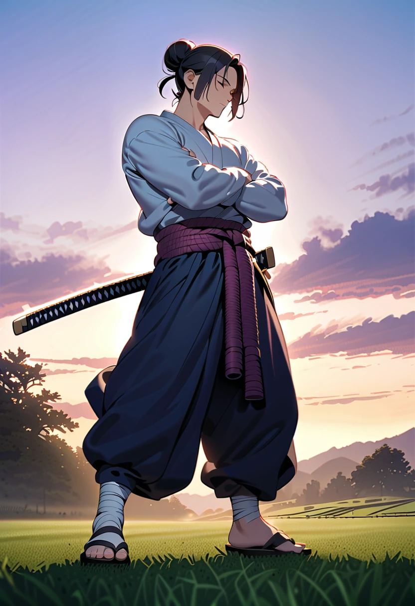 masterpiece, best quality, perfect lighting, high resolution, 1 guy, samurai, muscular, (tall stature), slim build, black hair, (manbun samurai hairstyle), spiky dual bangs, shut eyes, calm demeanor, handsome, (masculine face), (white baggy long-sleeve kimono top), long faded-blue cloth wrapped around waist, (thick light-purple rope wrapped around waist), mildly baggy navy-blue pants, (black bandages wrapped over ankles), black sandals, ((sheathed katana behind on waist)), arms crossed, full body view, three-quarter view, pasture background, (detailed background)