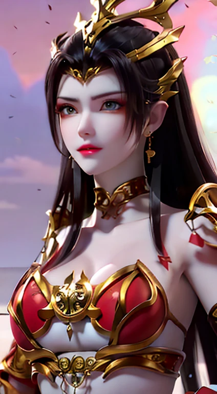 Need,tmasterpiece,brunette color hair,Golden eyes,Redcoat,Look up,full bodyesbian,Hairline,Fair skin,SideBraid,red theme,Bikini swimwear,Mantou peak is prominent