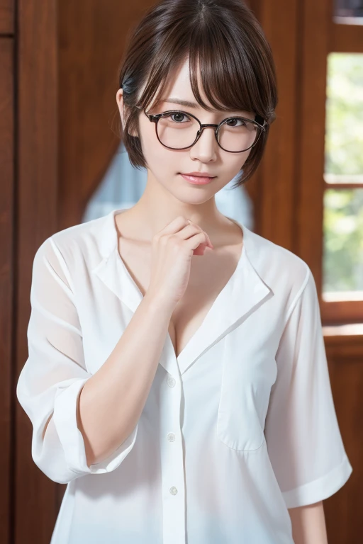 Raw photography、Beautiful Japan woman working at home, 20yr old, Eyeglasses, Dining table、during daytime、A smile、Detailed face, Perfect body ratio, Detailed finger, houseplant, (((photos realistic))), masutepiece, Lace curtains swaying in the wind、simple room, Gold ratio ratio,Curly hair、Short hair
