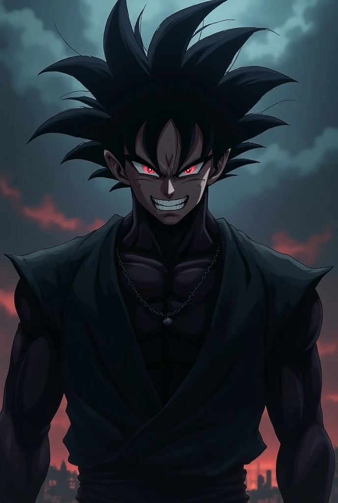 Goku black with a white anbu mask with some small red stripes that cover his entire face but you can see his hair and only his head and you write a logo with this name Grinyou. The mask has to cover his entire face, but it has to be Goku Black, it has to be daytime, and it has to be anime.