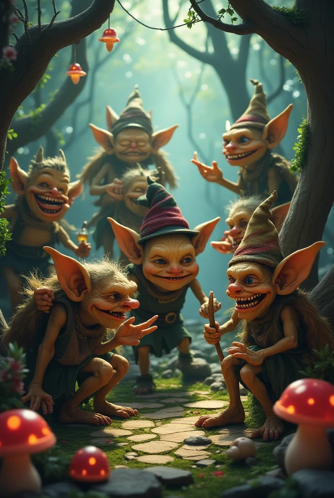 A goblin sized toad enjoys the adoration of several goblin women (hot ugly, mismatched eyes and breasts, big butts, ragged cloth tops and short skirts), slimy cavern