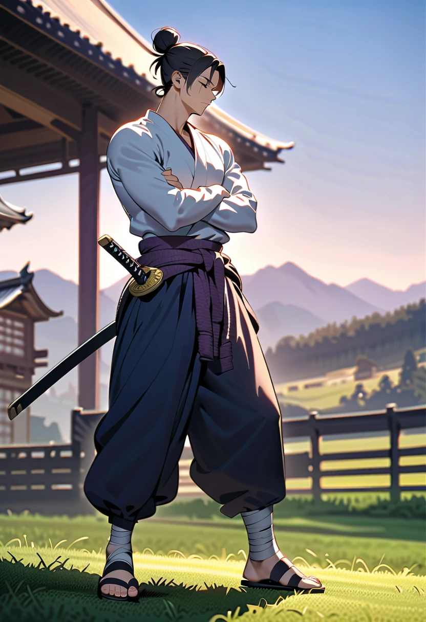 masterpiece, best quality, perfect lighting, high resolution, 1 guy, samurai, muscular, (tall stature), slim build, black hair, (manbun samurai hairstyle), spiky dual bangs, shut eyes, calm demeanor, handsome, (masculine face), (white baggy long-sleeve kimono top), long faded-blue cloth wrapped around waist, (thick light-purple rope wrapped around waist), mildly baggy navy-blue pants, (black bandages wrapped over ankles), black sandals, ((sheathed katana behind on waist)), arms crossed, full body view, three-quarter view, pasture background, (detailed background)