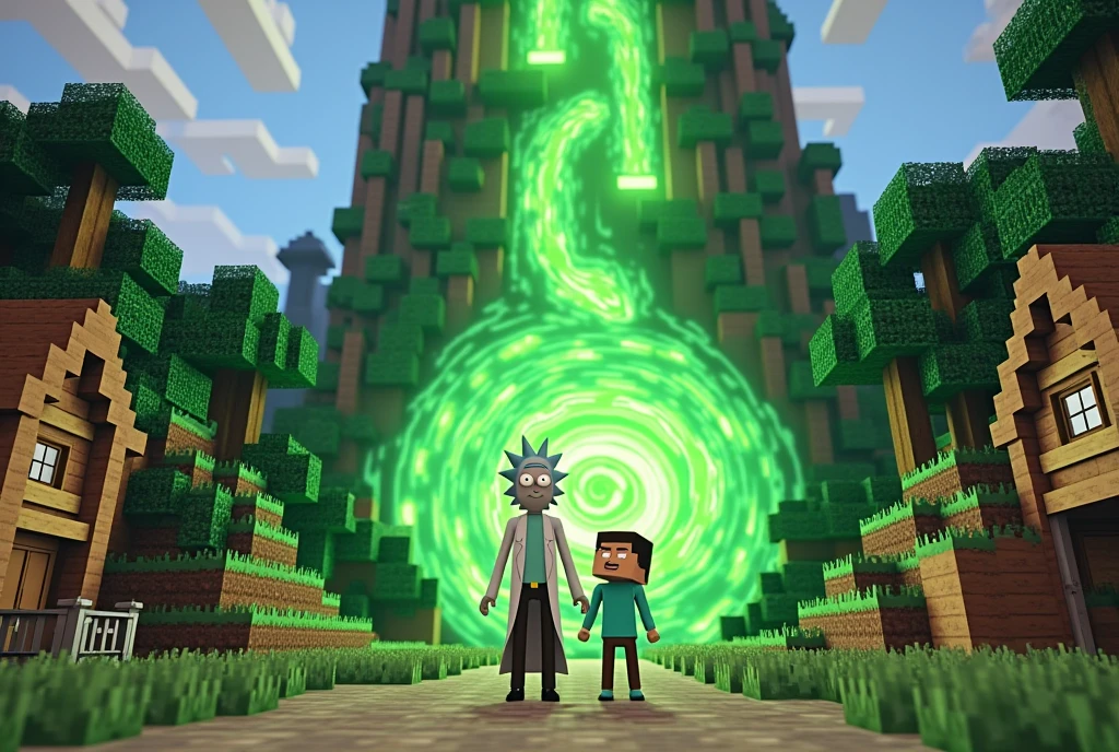 Minecraft characters Rick and Morty exit a big green swirling portal and begin to explore a Mincraft town with a forest nearby
