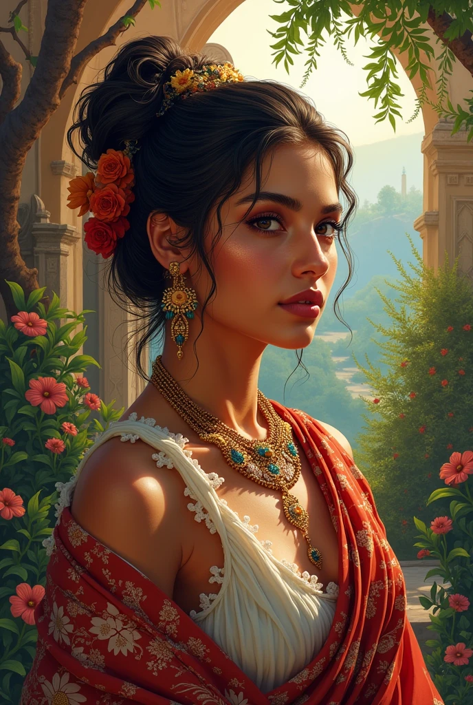 Huma Qureshi, young, beautiful, large breasts, sitting in a ancient ruins, wearing a crumpled strapless bra and a transparent dhoti, picking flowers, smiling, wearing floral ornaments, flower in hair, long dark brown braided hair, detailed, photorealistic artwork by Louis Royo, by Boris Vallejo, by Frank Frazetta, focus on her ass, her ass is rich and voluptuous and squeezy, back view 