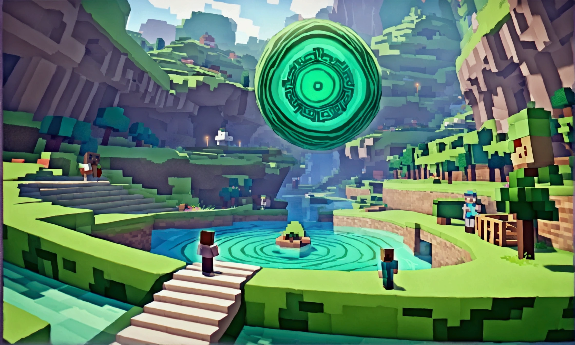 Minecraft characters Rick and Morty exit a big green swirling portal and begin to explore a Mincraft town with a forest nearby
