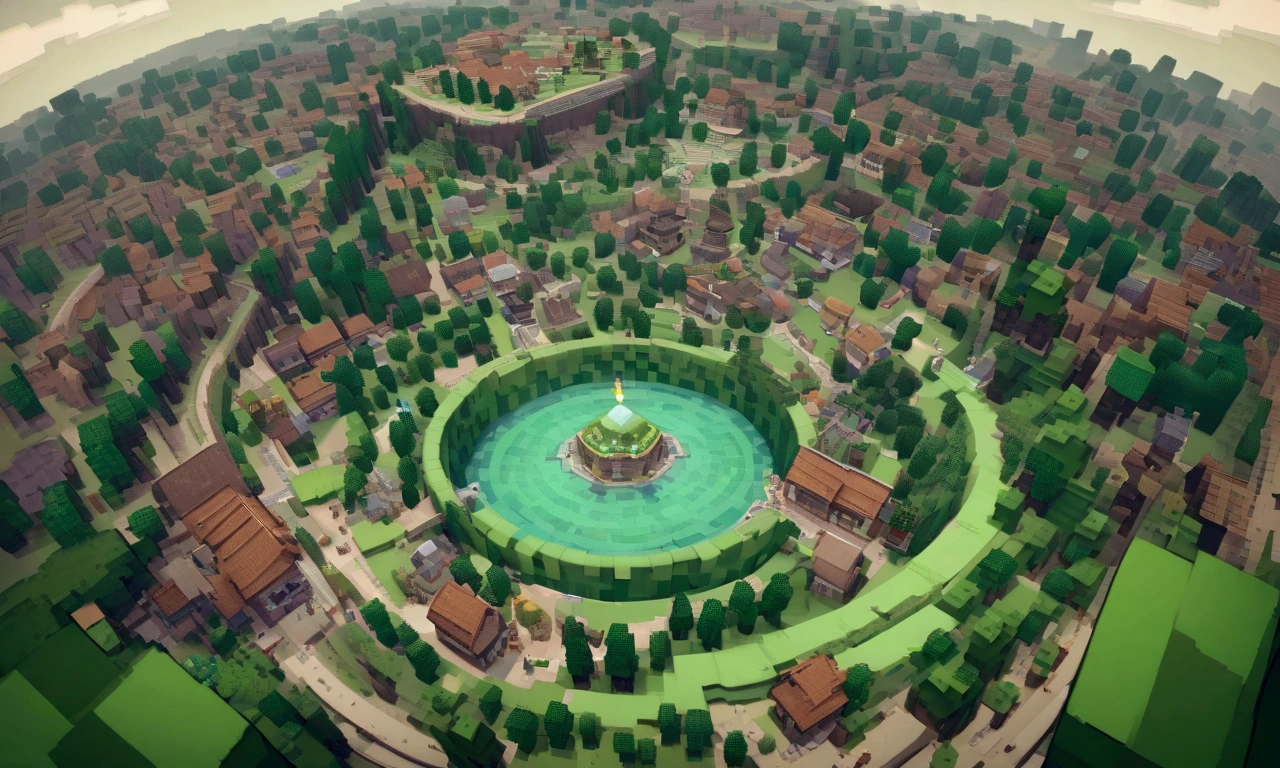 Minecraft characters Rick and Morty exit a big green swirling portal and begin to explore a Mincraft town with a forest nearby
