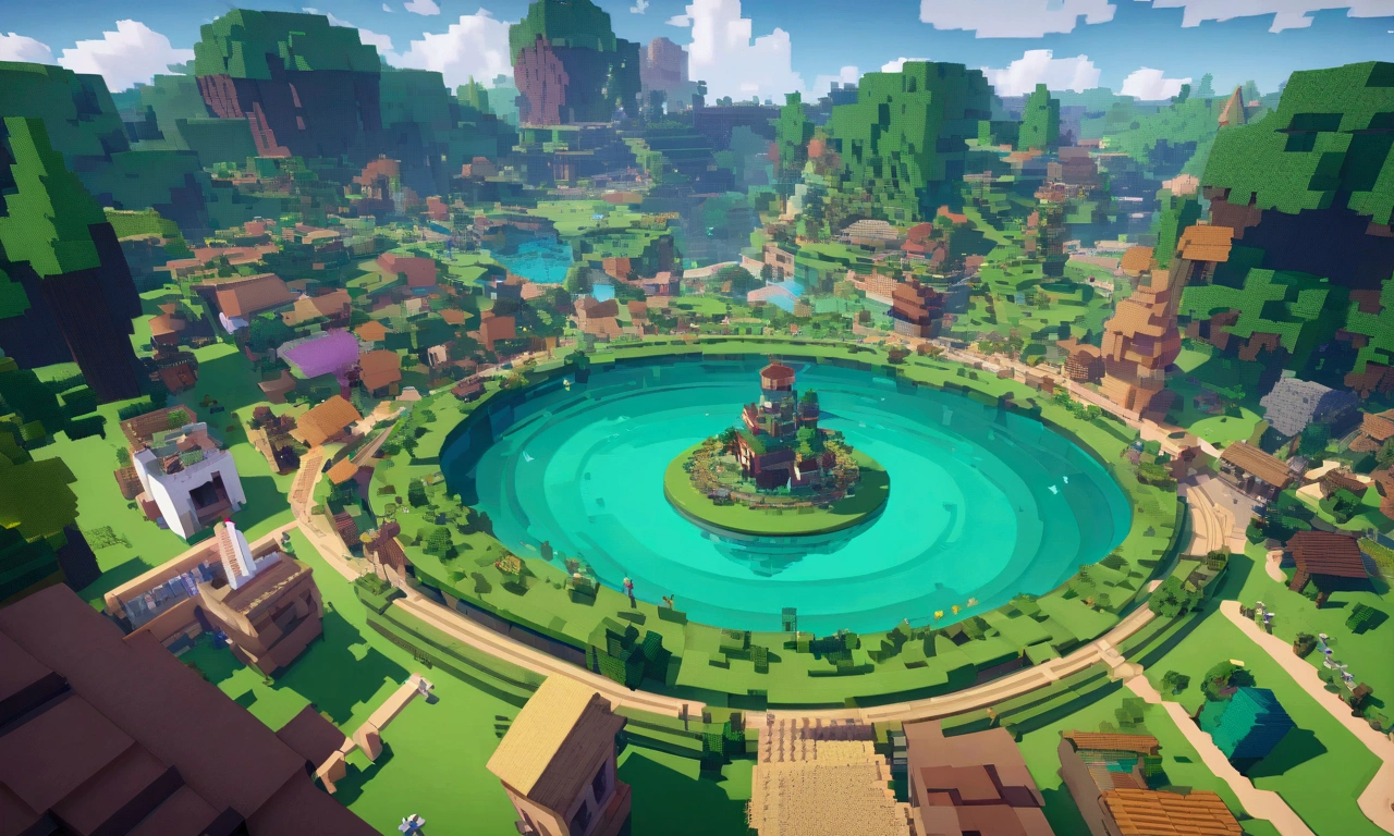 Minecraft characters Rick and Morty exit a big green swirling portal and begin to explore a Mincraft town with a forest nearby
