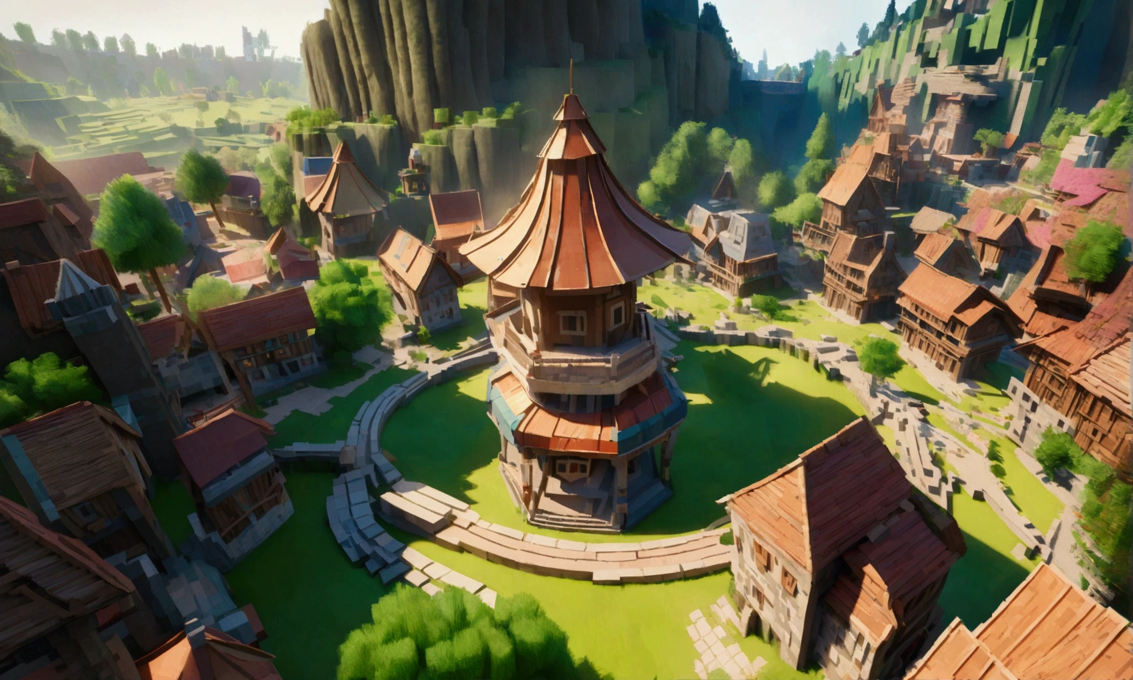 Minecraft characters Rick and Morty exit a big green swirling portal and begin to explore a Mincraft town with a forest nearby
