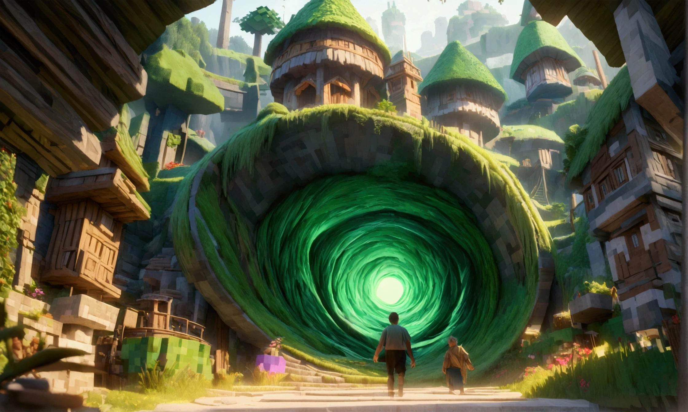 Minecraft characters Rick and Morty exit a big green swirling portal and begin to explore a Mincraft town with a forest nearby
