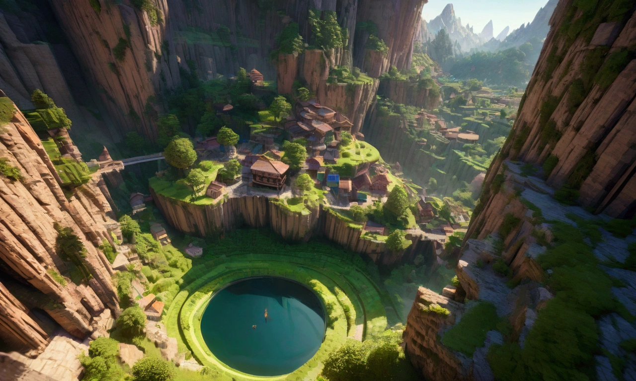 Minecraft characters Rick and Morty exit a big green swirling portal and begin to explore a Mincraft town with a forest nearby
