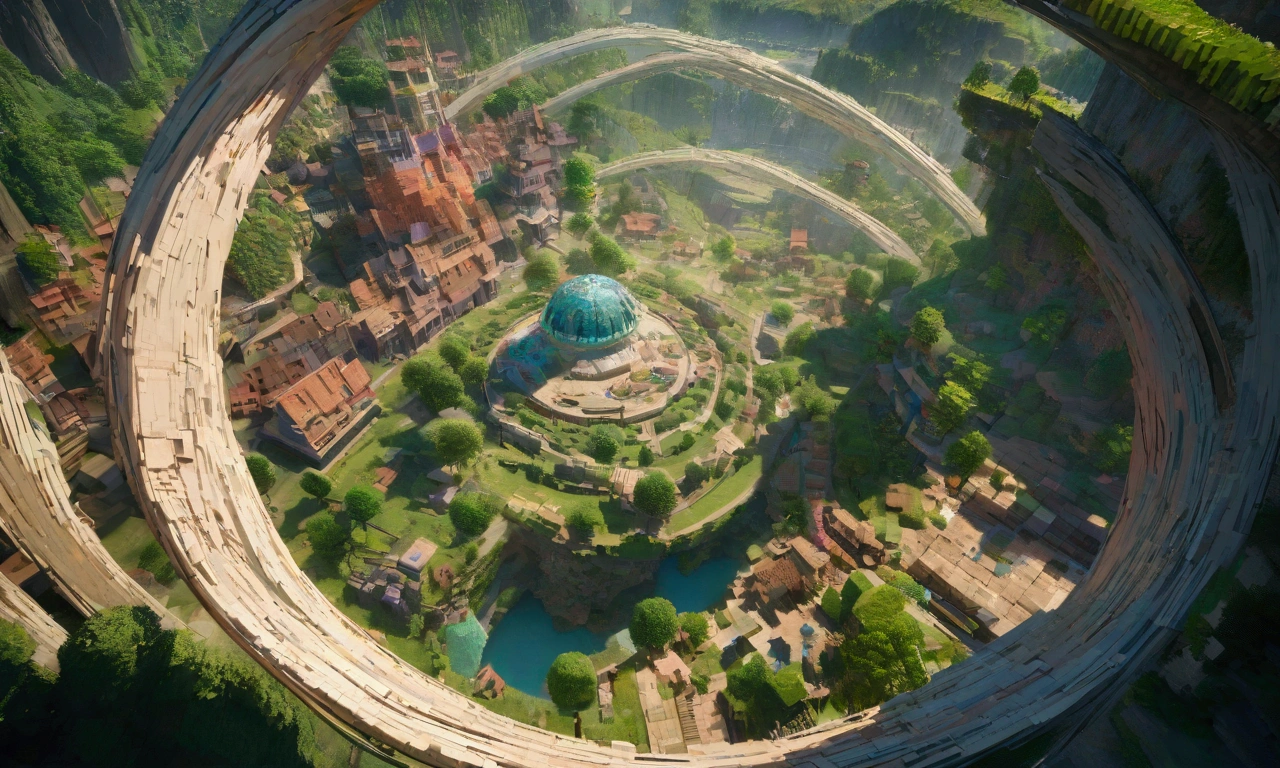 Minecraft characters Rick and Morty exit a big green swirling portal and begin to explore a Mincraft town with a forest nearby
