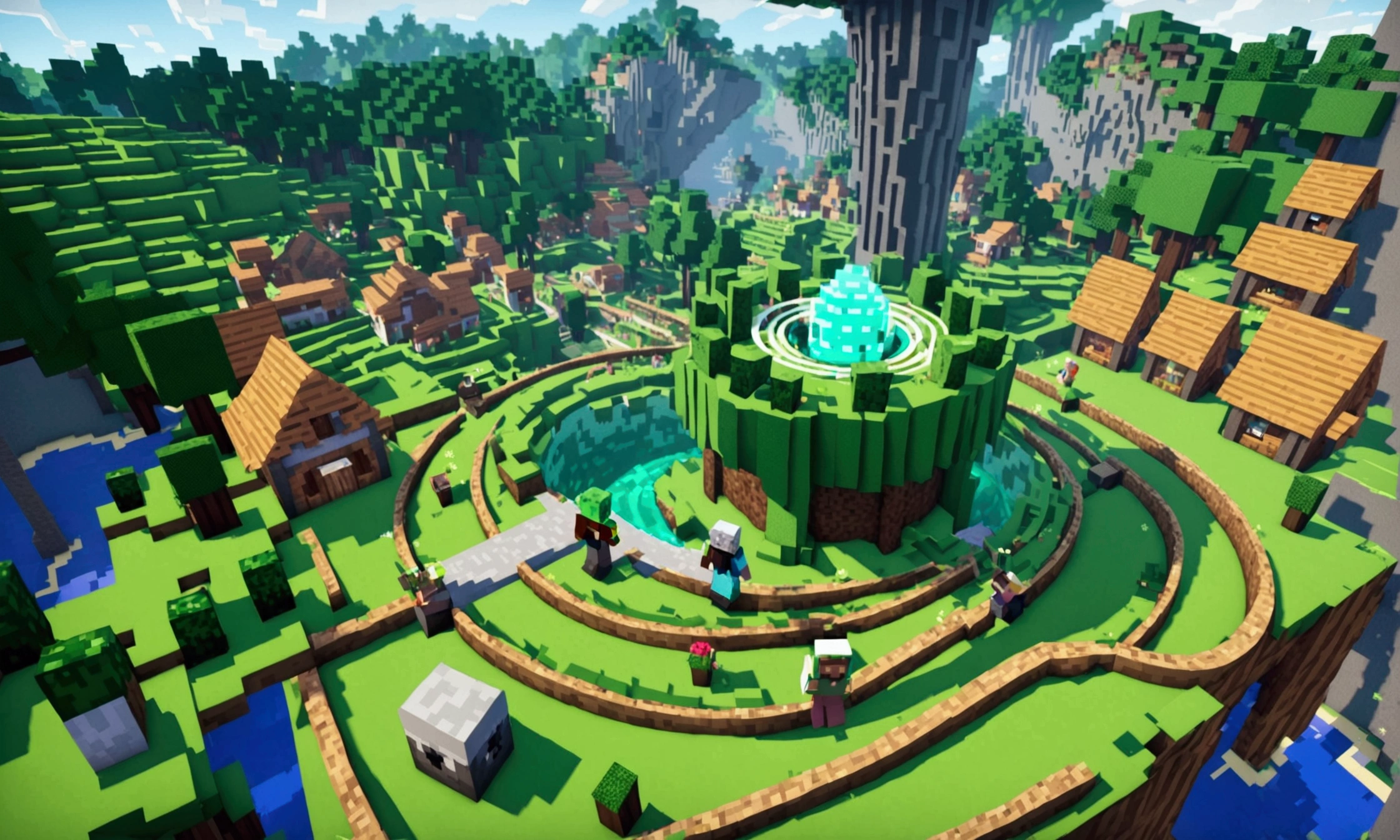 Minecraft characters Rick and Morty exit a big green swirling portal and begin to explore a Mincraft town with a forest nearby
