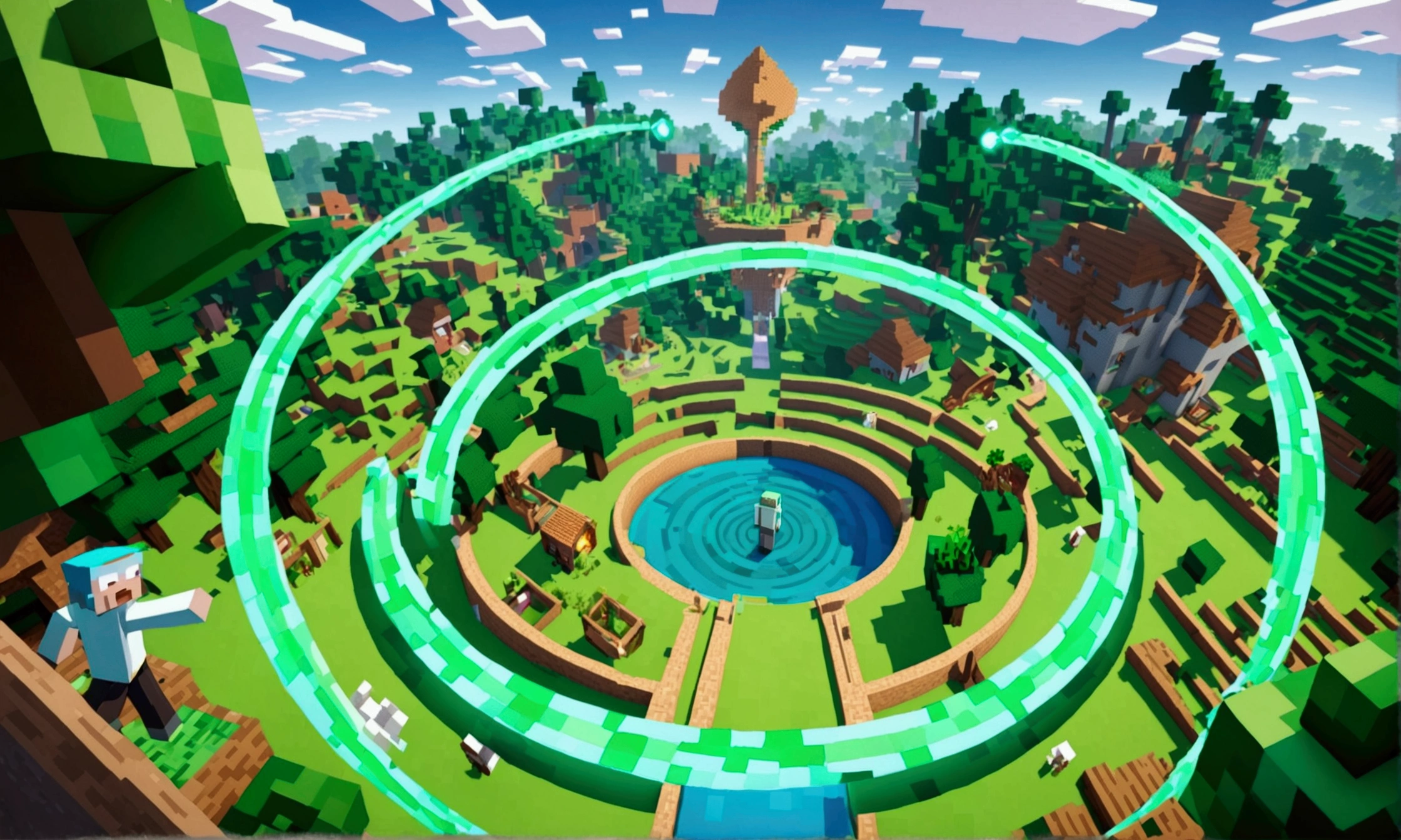 Minecraft characters Rick and Morty exit a big green swirling portal and begin to explore a Mincraft town with a forest nearby
