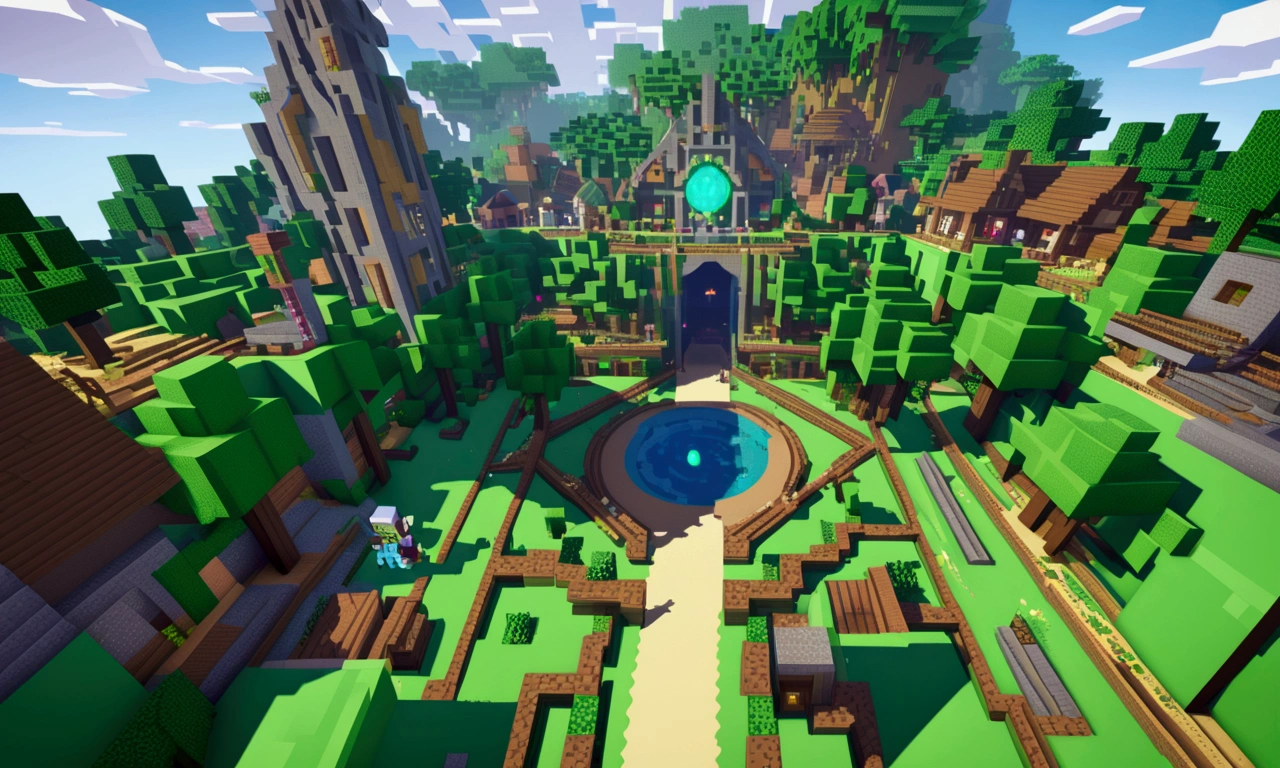 Minecraft characters Rick and Morty exit a big green swirling portal and begin to explore a Mincraft town with a forest nearby
