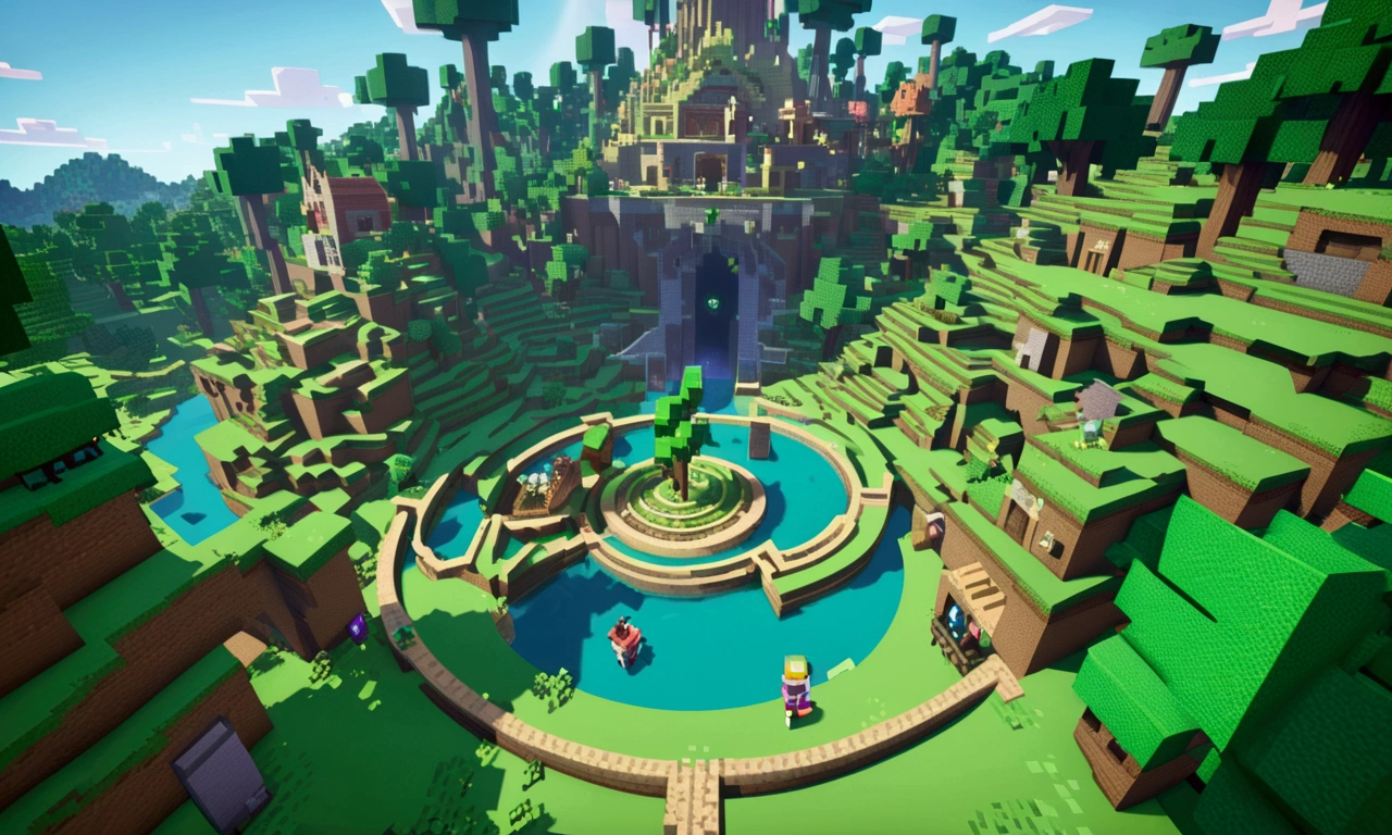 Minecraft characters Rick and Morty exit a big green swirling portal and begin to explore a Mincraft town with a forest nearby
