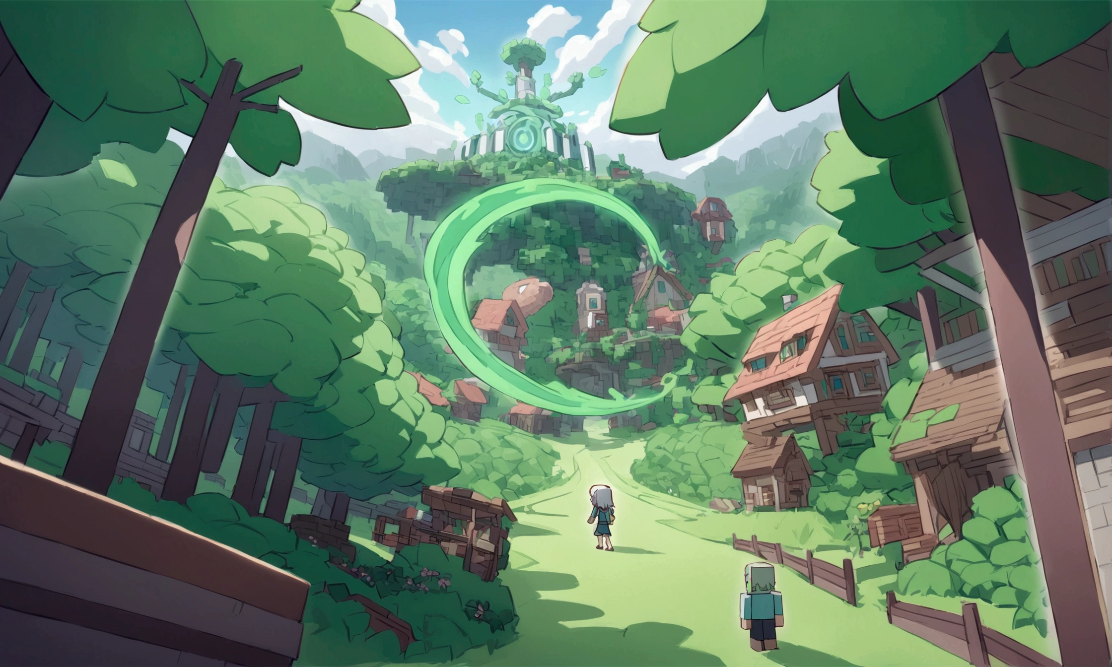 Minecraft characters Rick and Morty exit a big green swirling portal and begin to explore a Mincraft town with a forest nearby
