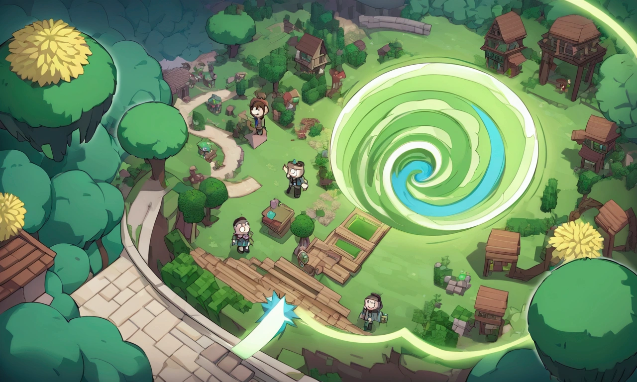 Minecraft characters Rick and Morty exit a big green swirling portal and begin to explore a Mincraft town with a forest nearby
