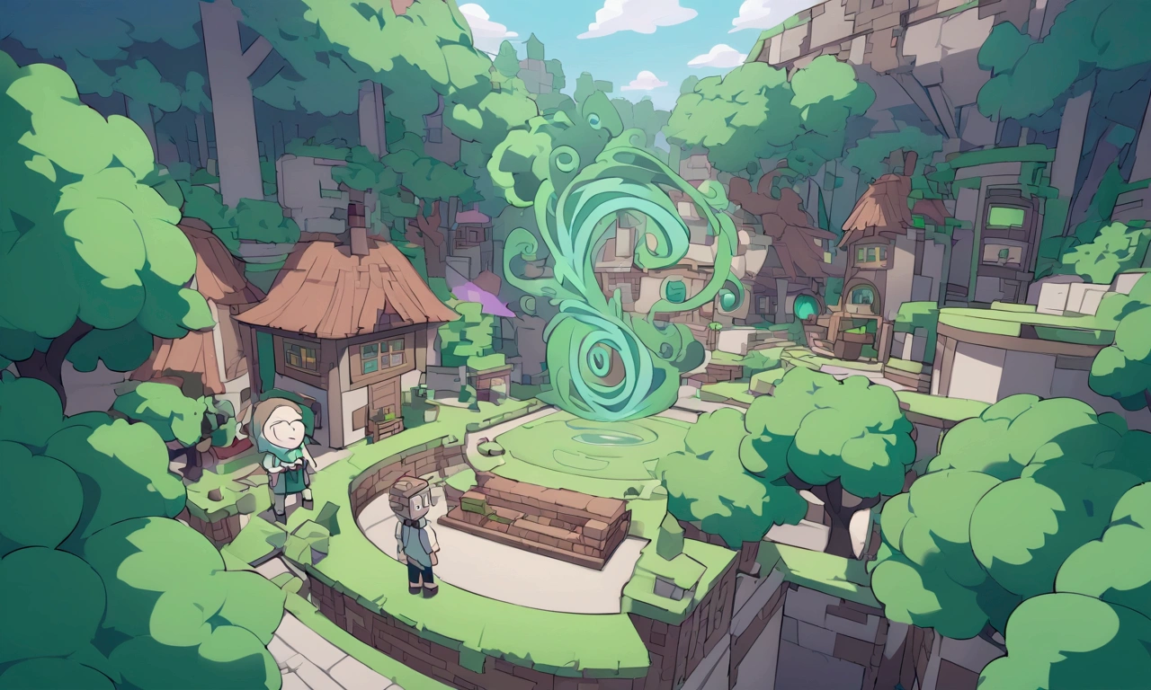 Minecraft characters Rick and Morty exit a big green swirling portal and begin to explore a Mincraft town with a forest nearby
