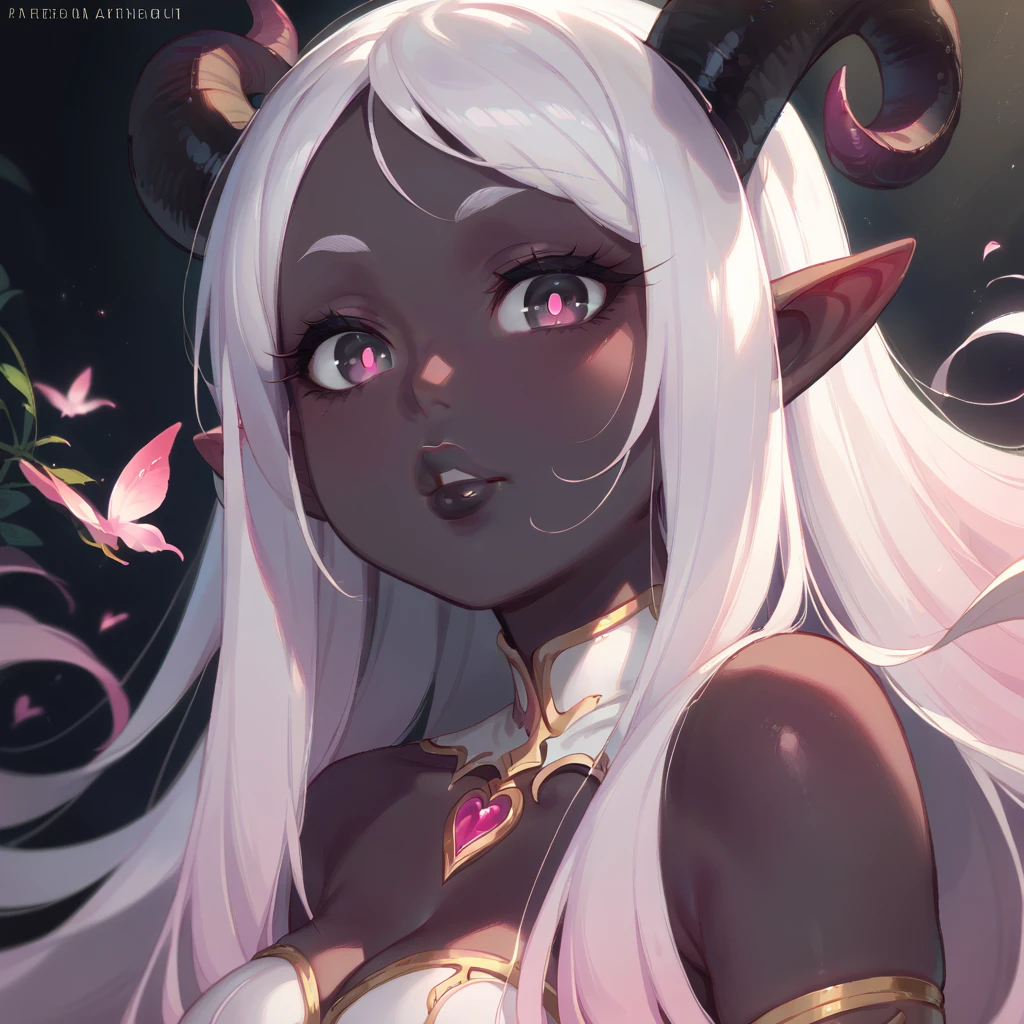 score_9, score_8_up, score_7_up, A beautifully detailed woman, succubus female, long white hair, elf ears, large eyes, pink iris, long eyelashes, detailed facial features, black lipstick, (((Black skin))), black demon horns, (((Dark backgrounds))), breasts, (pastel art style)
