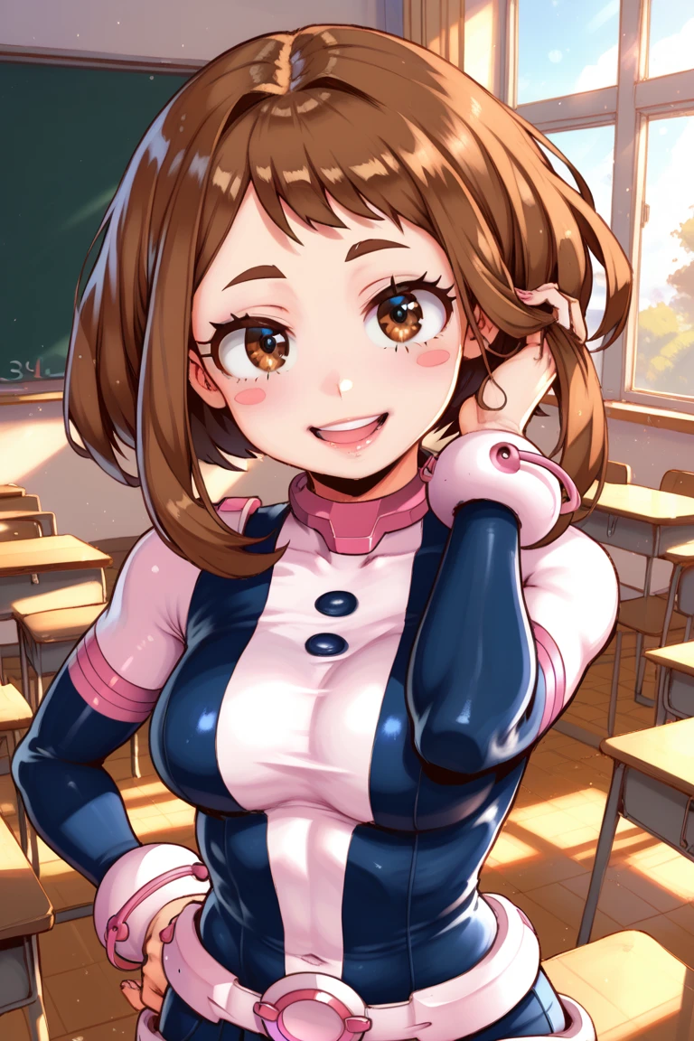 ochaco uraraka, big eyes, short brown hairs, my hero academia, girl, hero uniform, superhero suit, thicc, seductive smile, seductive lookdetailed eyes, looking at viewer, school, classroom, day, 8k, ultra quality, saturated, HDR, upper body, raised eyebrows, hands on hips, happy, blush, adjusting hair, hands on hips