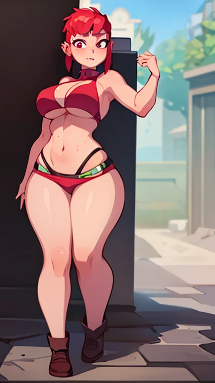 Nimona has large breasts showing and she is wearing her bikinis 