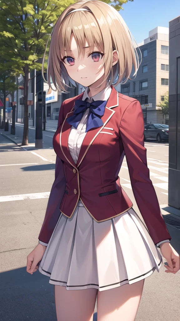 masterpiece, best quality, highres, aakikyo, short hair, hair intakes, white hairband, blue bowtie, collared shirt, blazer, red jacket, long sleeves, white skirt, pleated skirt, black socks, cowboy shot, standing, outdoors, straight-on, arms at sides,