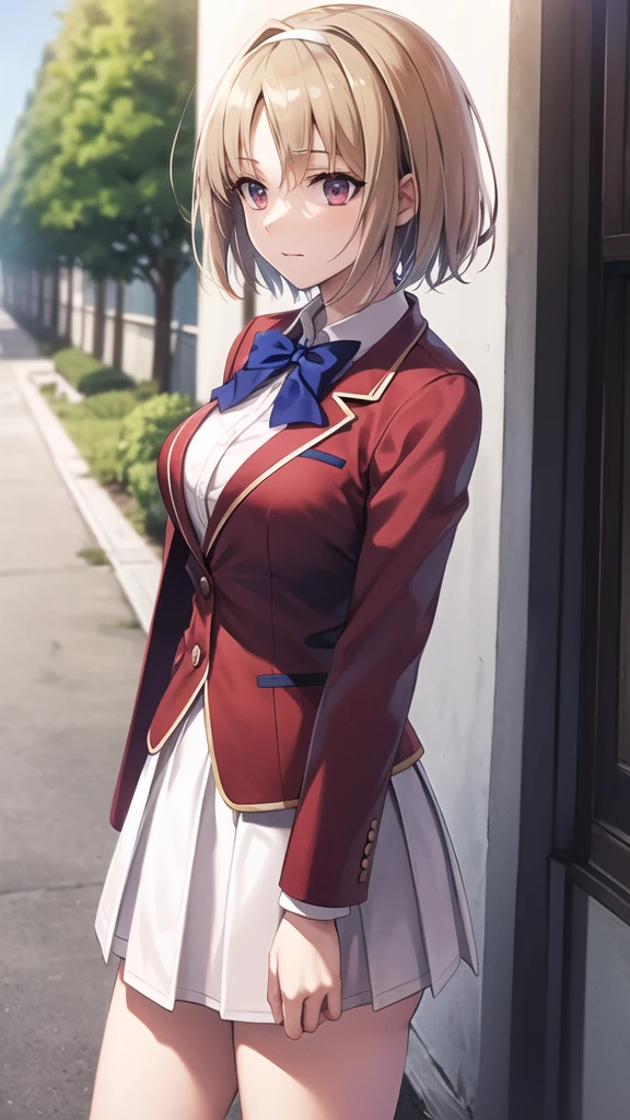 masterpiece, best quality, highres, aakikyo, short hair, hair intakes, white hairband, blue bowtie, collared shirt, blazer, red jacket, long sleeves, white skirt, pleated skirt, black socks, cowboy shot, standing, outdoors, straight-on, arms at sides,