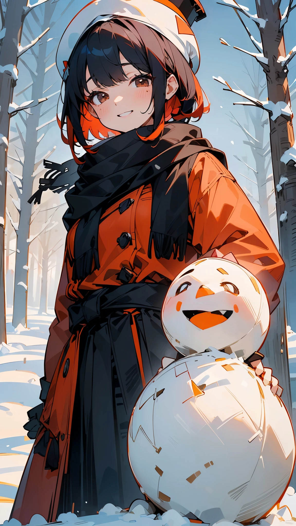  making a snowman in a snowy landscape。( wearing a red coat and black skirt 。 dark blue hair 、 short hair、 jet black brown eyes 、 orange hair ornament 、 Upper Body Closeup 。 this is an illustration of a girl wearing a scarf and hat on a snowman 、They are laughing happily.。White snow and trees on background々There is、The winter atmosphere is felt。The colors are unified in red and white 、 emphasizes warmth and cuteness 。