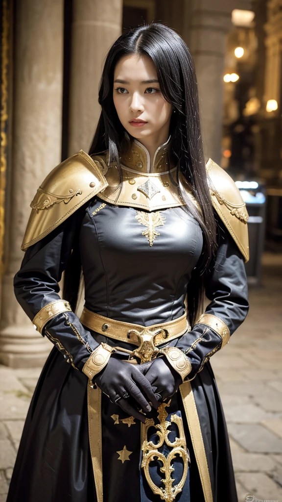 (((masterpiece))), ((Highest quality)), ((Intricately detailed)), perspective, Very detailed, figure, Perfect hands, Detailed fingers, Beautiful attention to detail, Oval face shape, ((woman)), woman戦士, Fantasy, Stern face,Black Hair, Big Breasts, (((Sexy red armor))), Iron-colored leg armor, Cowboy Shot, Black Veil, A sword hanging from his waist, Medieval castle scene