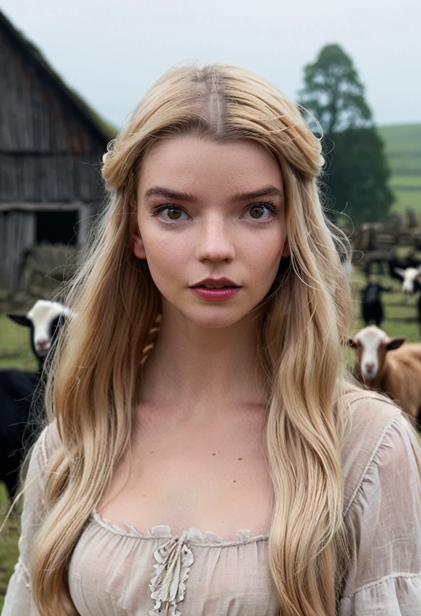 anya taylor joy,  long haired blonde , is "the witch" on the farm ,Goats, radiant,natural background, Environment, mysterious,  Volumetric lighting,masterpiece, highly Detailed skin,poris, cinematographic ,add_Detail, 4k,  High Definition 