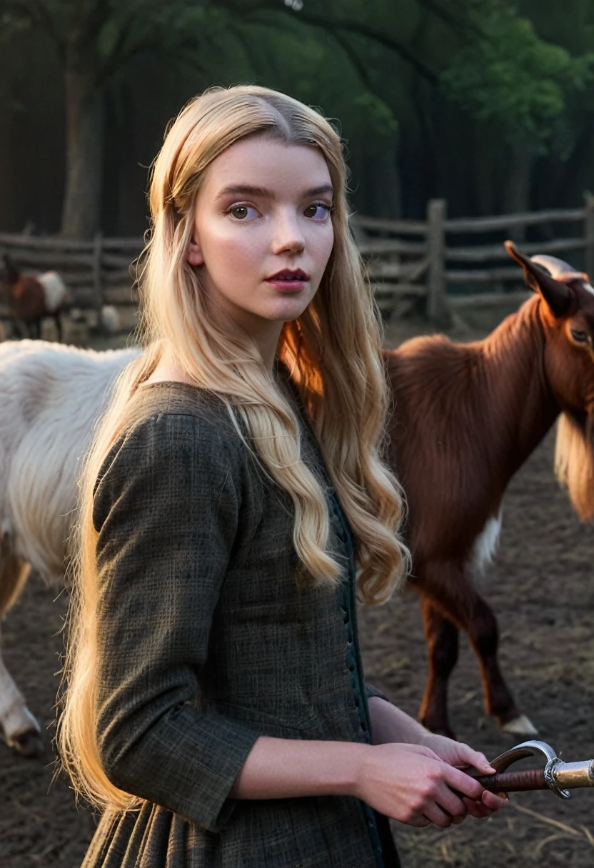 anya taylor joy,  long haired blonde , is "the witch" on the farm ,Goats, radiant,natural background, Environment, mysterious,  Volumetric lighting,masterpiece, highly Detailed skin,poris, cinematographic ,add_Detail, 4k,  High Definition 