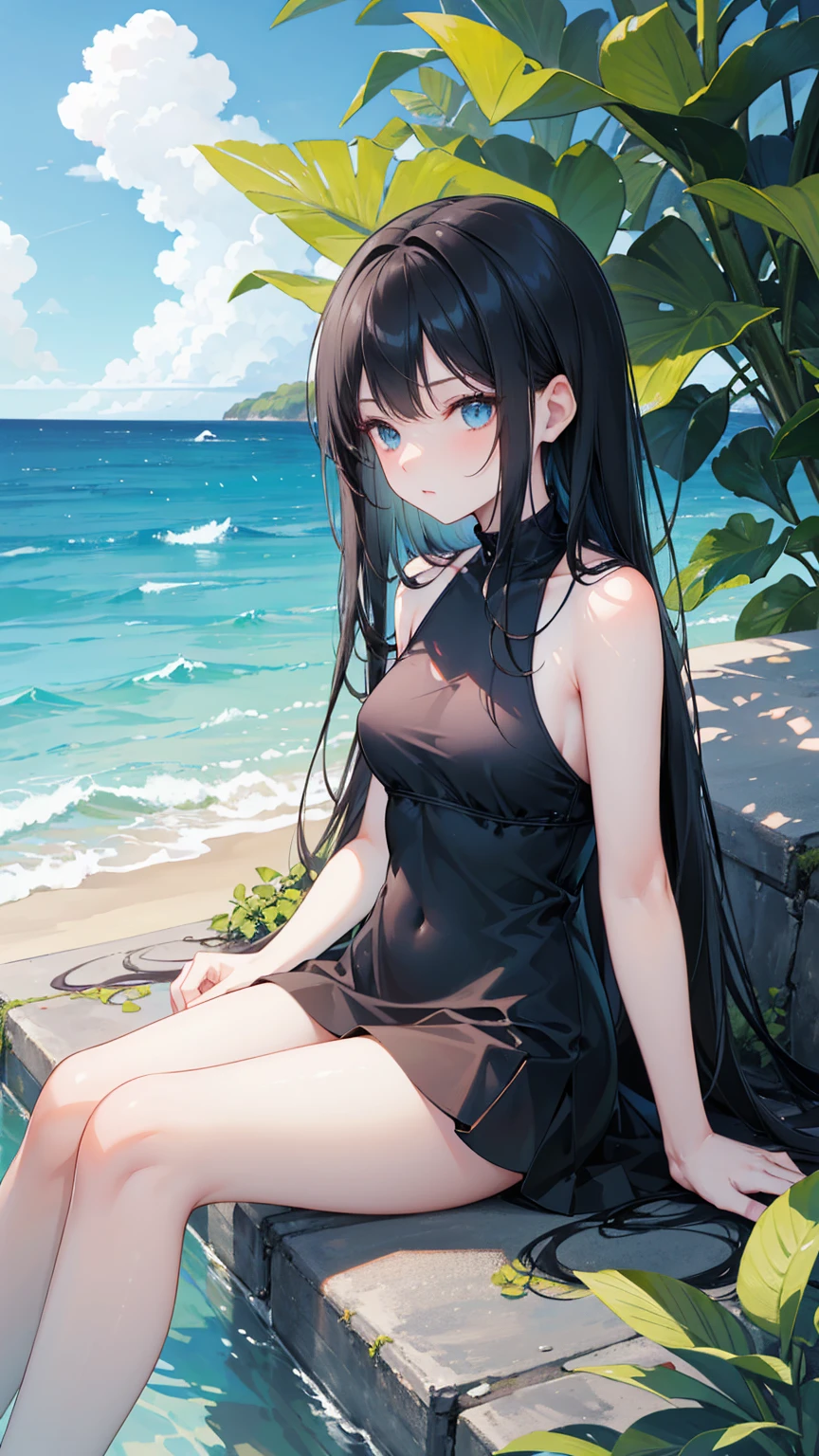 NSFW, huge visible buldge through clothes, beautiful boy, feminine small shotacon, small fragile body, little to no clothes (showing body), black hair, long wolfcut hair, bangs, shining sparkly black eyes, masterpiece, 8k, photorealistic, chiaroscuro lighting, dramatic shadows, cinematic composition, coast background, wearing black short, tsundere