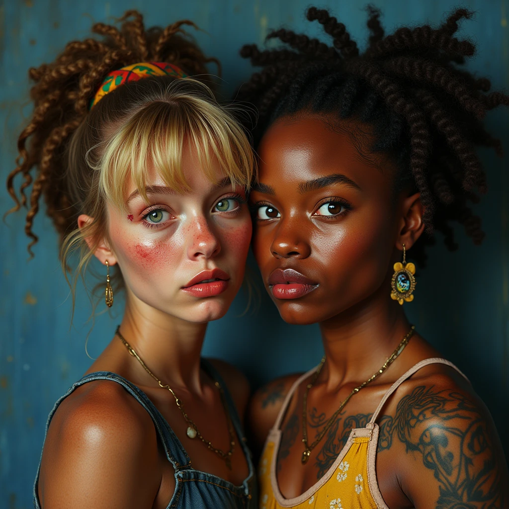 Portrait of an 2 girl smiling with afro,  American eyes large green fleshy mouth with red lipstick, earring , sweaty skin with imperfections,tattooed, hair with braids and blonde bangs, intricate details ( 8k super realistic) denim 