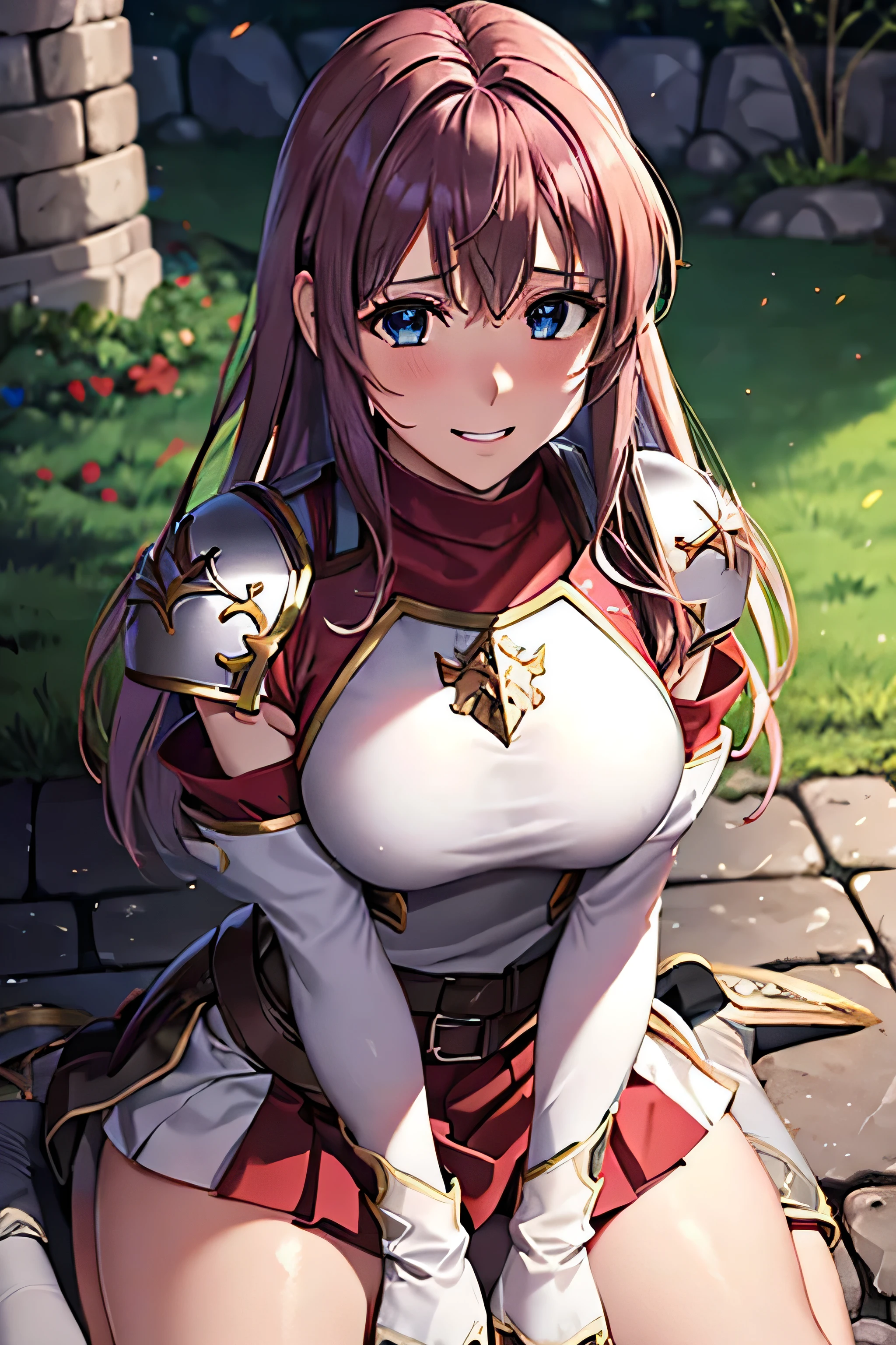 (top-quality, 8k, masterpiece,   best image quality, ,  Super Details, , (  Delicate Smooth Skin  ,  realistic skin ,   perfect and beautiful face ,Perfect and pretty face,  High Detail Skin , Perfect body)),  1 girl , armor ,  Asfocus  ,  blue eyes ,、 ,(( Embarrassing Shy Laugh , )), Fingerless gloves , Arm guard、 shoulder armor  ,  , Long Blue Hair , Pegasus Knight Spear 、 ,  medium chest  , Pegasus Knight Uniform ( Fire Emblem ) , red and white flare skirt、 Sit on the ground、Get on one knee、Castle Inner Garden 、  , Mitsuba , , Massacre ( Fire Emblem )、Pose to accentuate your chest by sandwiching your arms