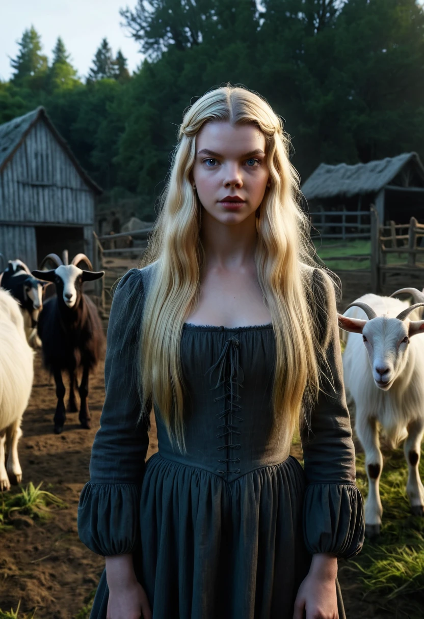 anya taylor joy,  long haired blonde , is "the witch" on the farm ,Goats, radiant,natural background, Environment, mysterious,  Volumetric lighting,masterpiece, highly Detailed skin,poris, cinematographic ,add_Detail, 4k,  High Definition 