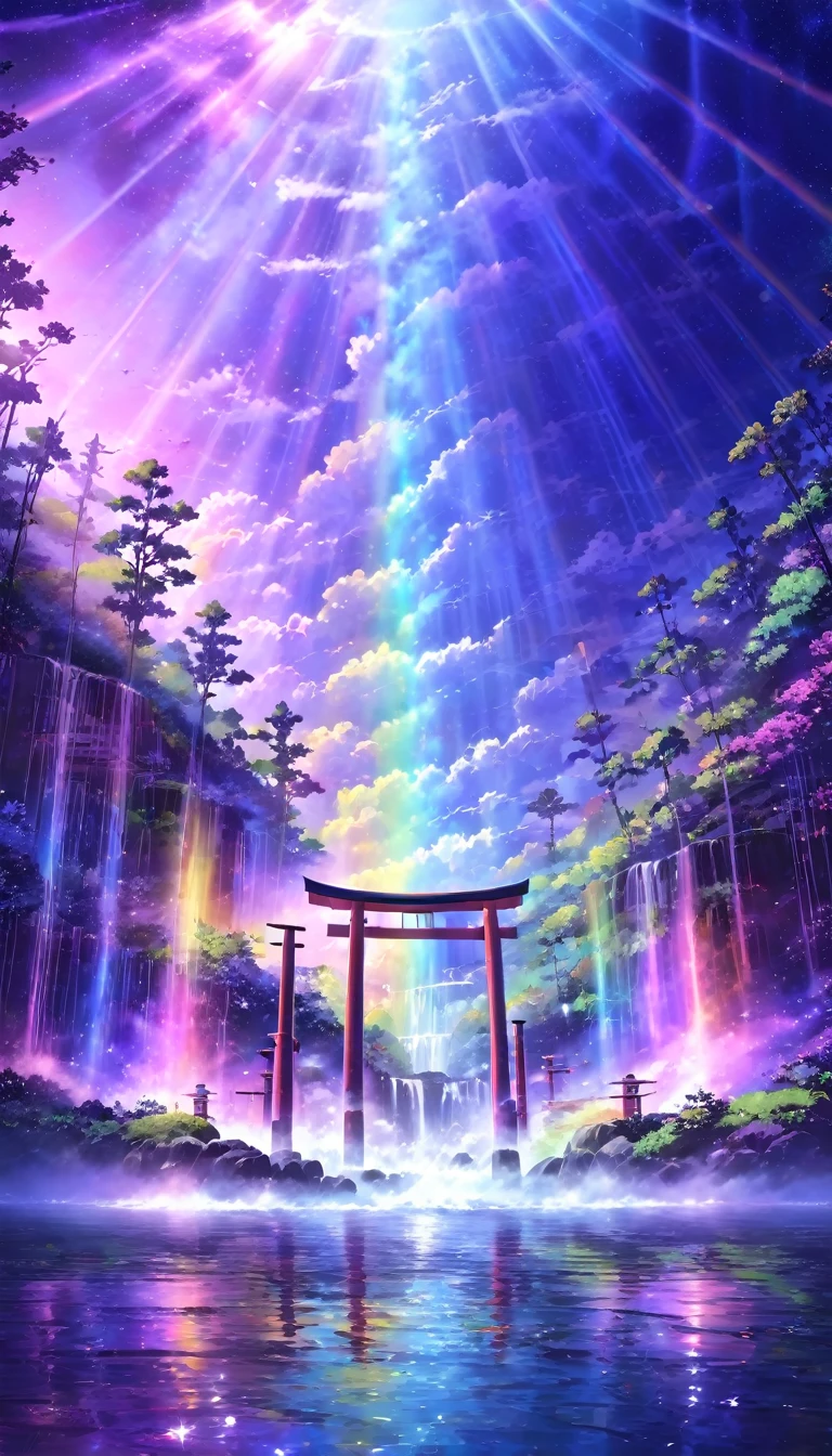 rainbow色、rainbow、Rainbow colored world、sun，Dazzling Light，Light，Shine，torii，waterfall，Streaks of Light，High resolution, High resolution, 8k, Masterpiece 2:1,16k, 超High resolution, 超High resolution, Born,wonderful ,future、Rainbow colored、The world 30 years from now。