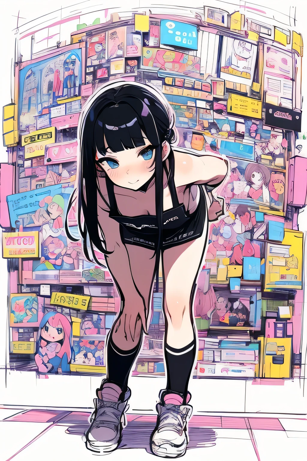 sideview,seiza,upperbody,hightquality、((Kawaii 2Girls))、向かい合わせ、Colorful color palette、high-level image quality、(big forehead),long thin straight hair,glasses,(micro bikini),Unprecedented amount of drawing、anime styled、Geometric pattern background、front facing、sticker style