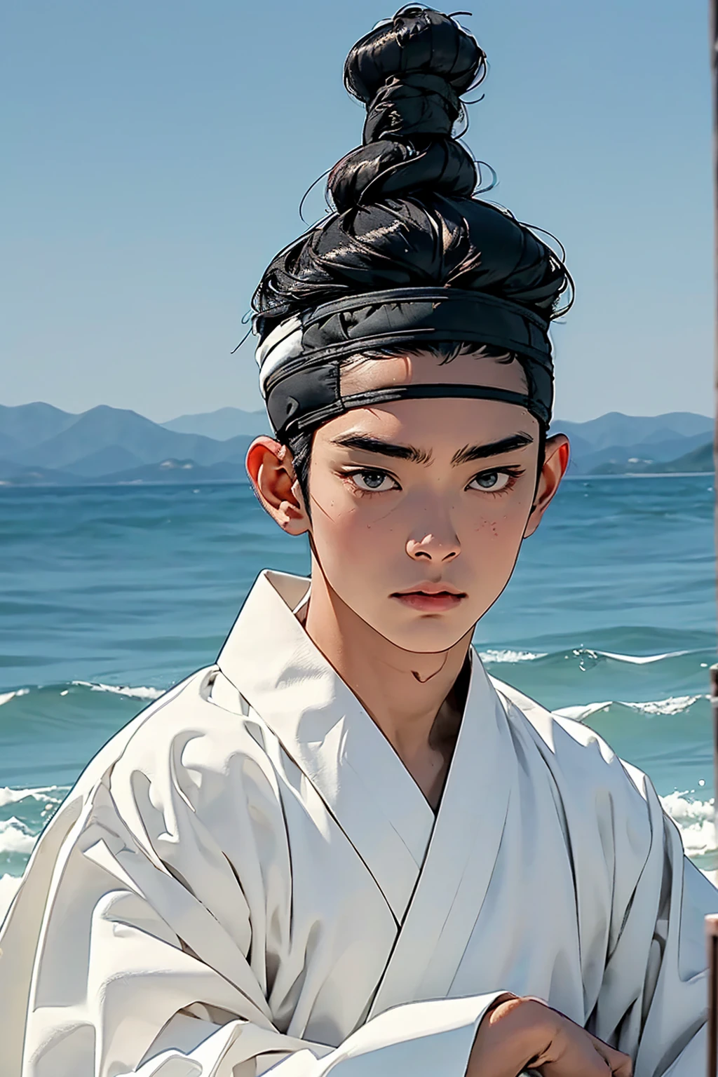 (absurdres, highres, masterpiece, best quality, ultra-realistic,ultra-detailed),(beautiful detailed face and eyes and hair:1.1),handsome,asian man,tall and muscular,broad shoulders,black hair,black eyes,datailed face,topknot,see-through headband,white hanbok,sad,upper body, sea background